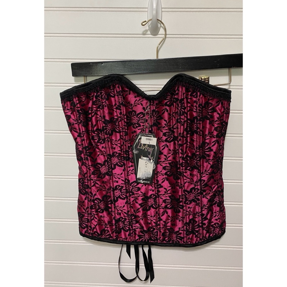 Living Dead Souls Pink Black Floral Lace Sexy Corset Top Womens Size Large NEW